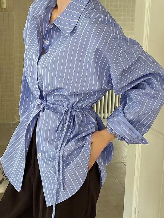 

Autumn Lace Up Striped Printed 2025 Women's Shirt, Elegant, Casual, Fashionable, Commuting Style Long Sleeved Shirt for Women