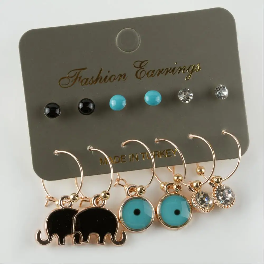 12'li Elephant Figured Cabochons Ring Earrings