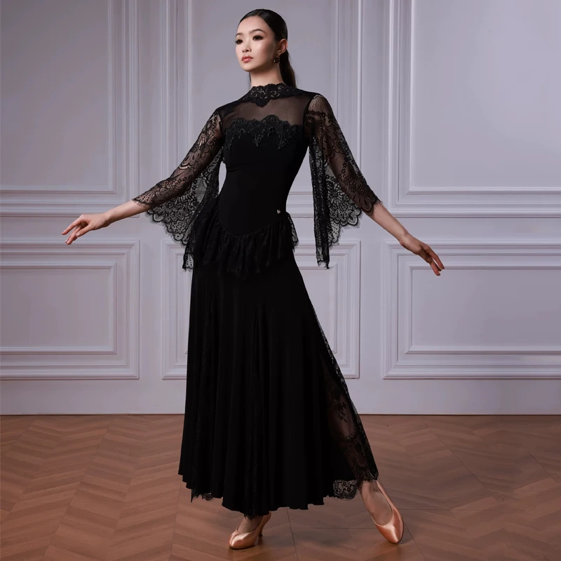 New Women Mesh Sleeves Ballroom Dance Professional Dress Adults Waltz Mdoern Dancing Dress Stage Performance Suits SL16702