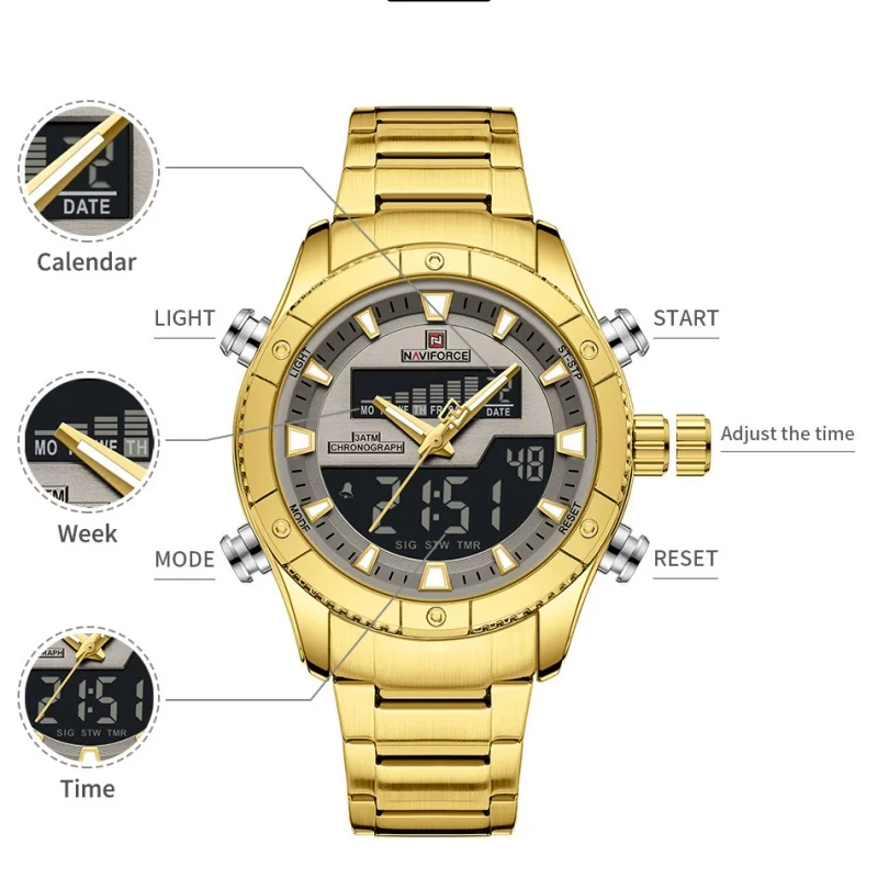 NAVIFORCE Brand Men's Watches Luxury Fashion Stainless Steel Quartz Chronograph Alarm Wristwatch for Male Water Resistant Sport