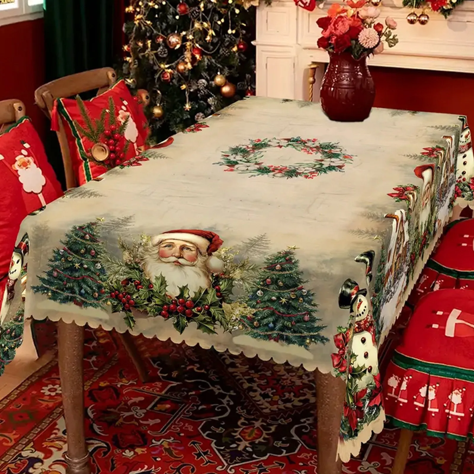 Vintage Christmas Tablecloth Santa Snowman Table Cover Christmas Decorations for Home 2025 Xmas Gifts Navidad Noel New Year 2026
