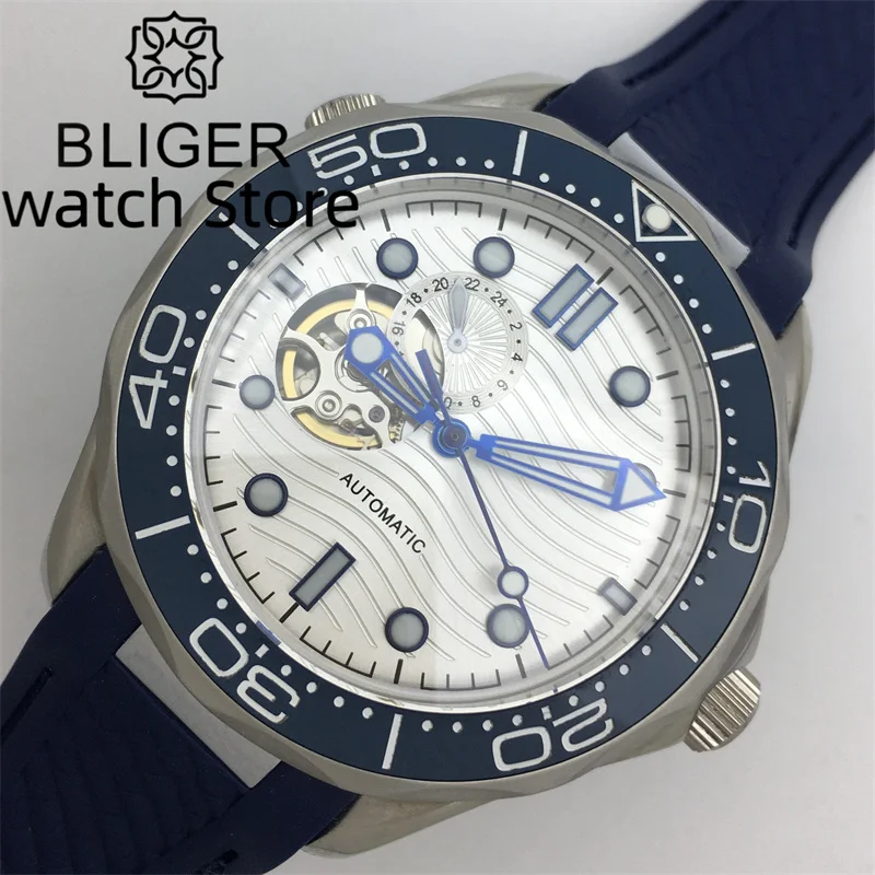 BLIGER NH39 Automatic Men's Watch White dial Sapphire water glass ceramic bezel 24-hour one-way bezel Rubber band Green luminous