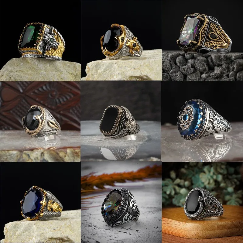 European and American Style Men's Ring Adjustable Serpentine Wrap Black Flat Gemstone Ring Men's Vintage Pattern Open Ring