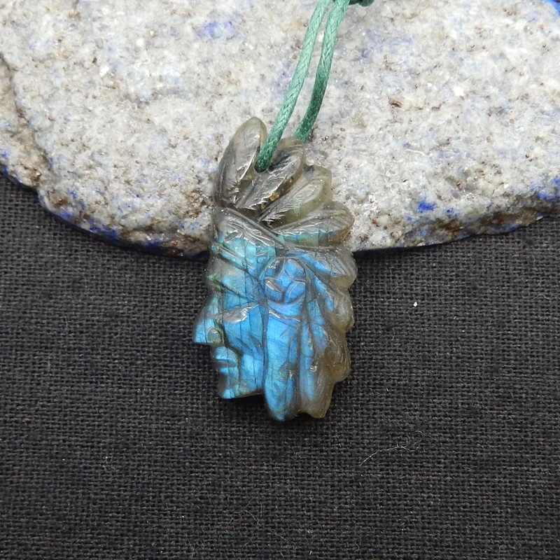 Natural Stone Labradorite Indian Chief Pendant Bead,Fashion Jewelry Necklace Accessories Men Women 38x20x8mm 7.5g