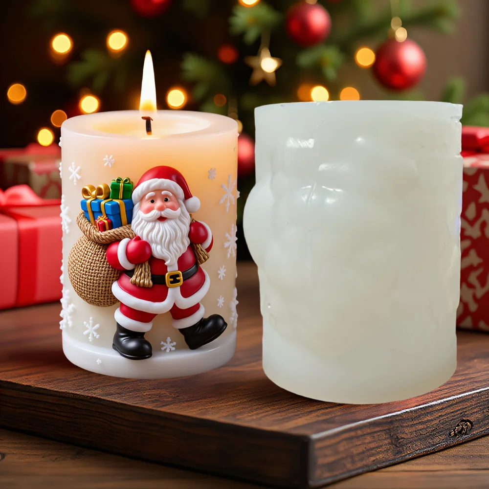Santa Claus carrying gift relief cylindrical candle silicone mold Smile Santa Claus snowflake gift bag molds Christmas Gift - Image 2