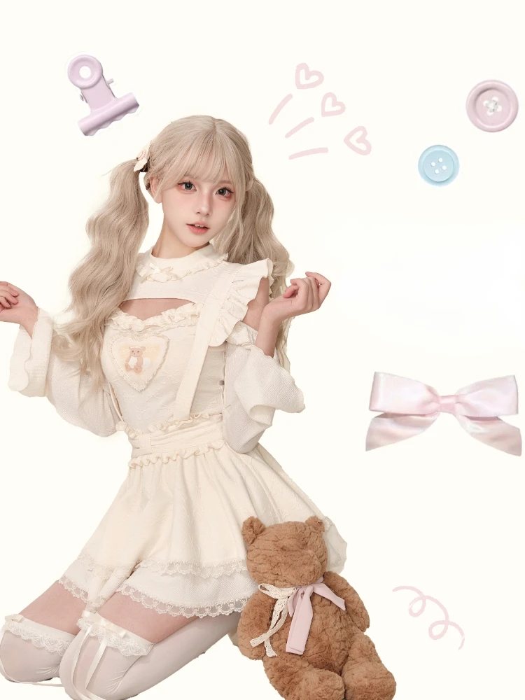 Japanese Kawaii Lolita 2 Piece Dress Set Women Sweet Causal Slim Blouse + Y2K Cute Strap Dress 2024 Korean Elegnat Dress Suits