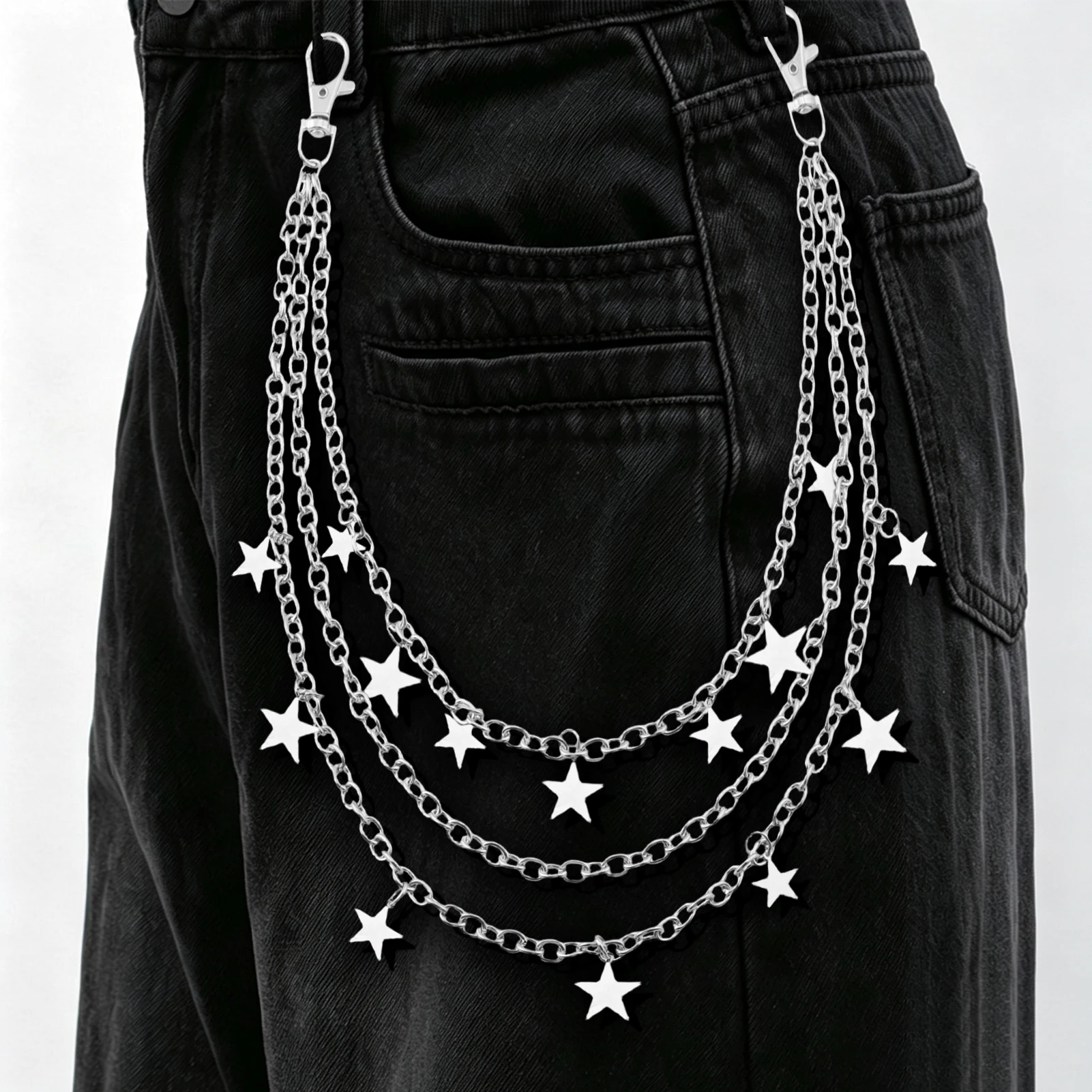 3‑Layer Star Pendant Pants Chain Silver Y2K Jean Wallet Chain Metal Waist Chain Lobster Clasp Streetwear Accessory For Men Women