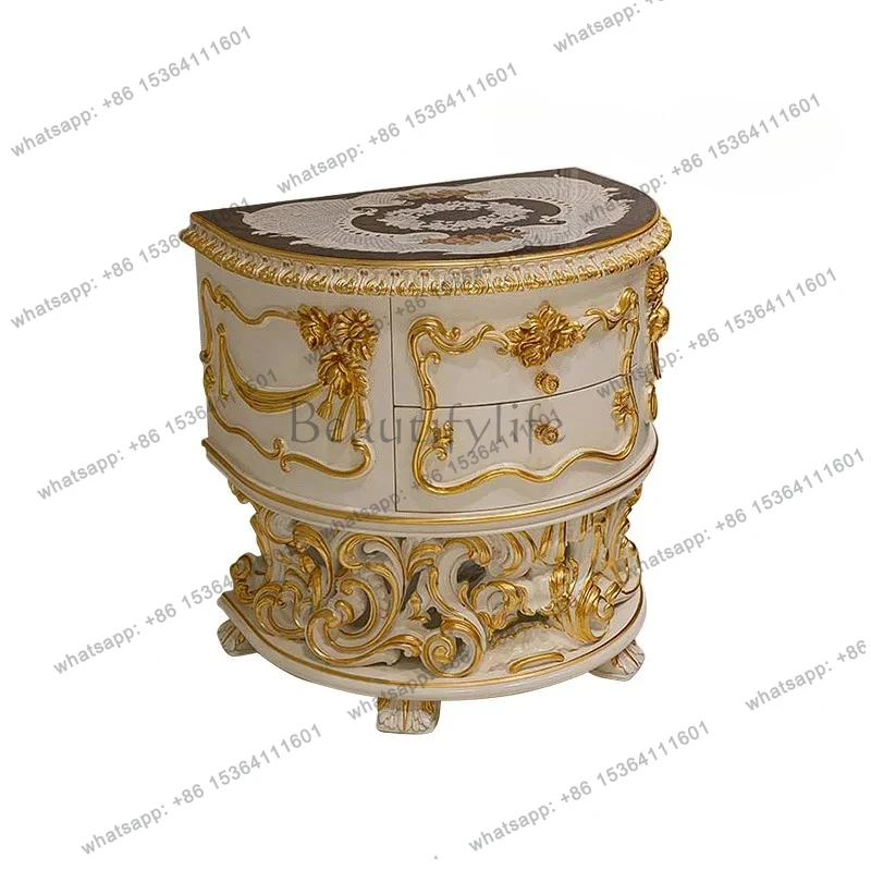 

European solid wood bedside table French luxury gold-painted carved bedroom locker high-end furniture