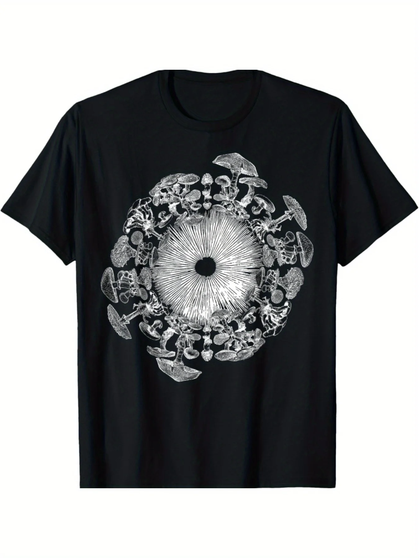 Mycoloog Spore Print T-shirt, ronde hals, casual, geometrisch patroon, paddestoelstijl dameskleding mode zomer streetwear