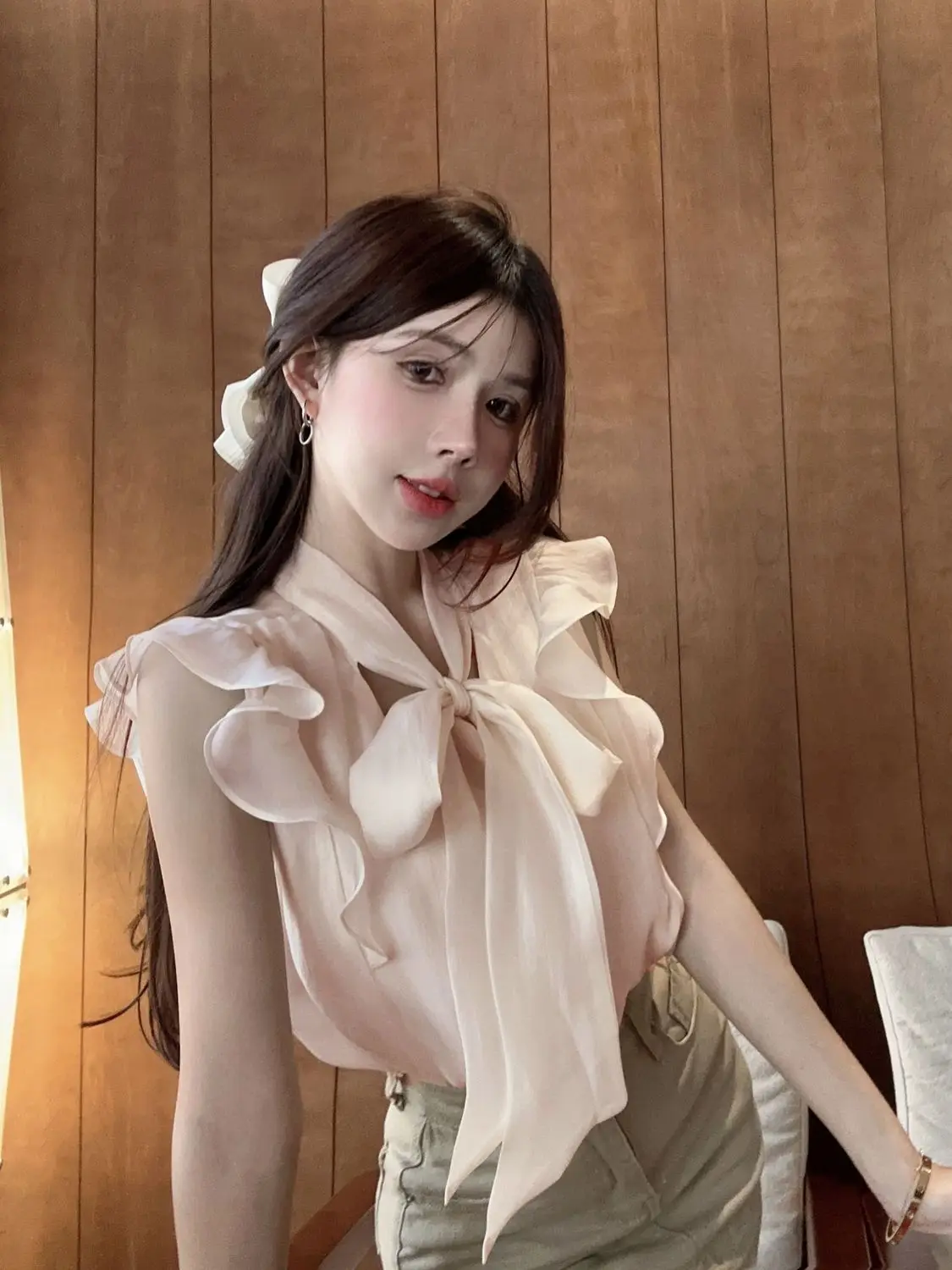 女性のためのフレンチエレガントなシャツ夏甘い優しいちょう結びユニークなシャツトップ