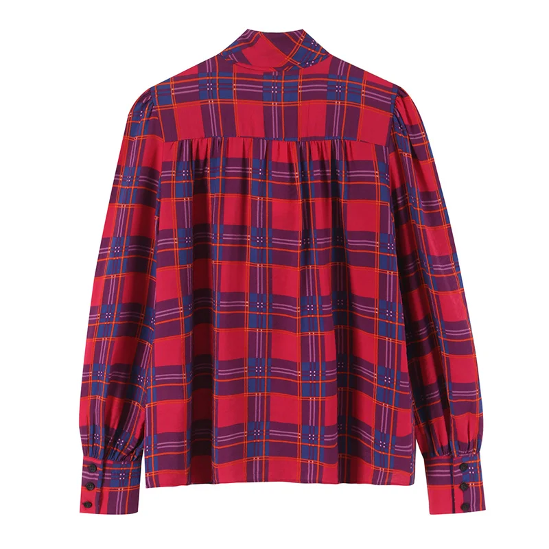 Guobioziy 2026 Autumn Relaxed Fit Women Bow Tie Neck Plaid Shirt Bow Decor Puff Long Sleeve Button Front Commute Casual Wear