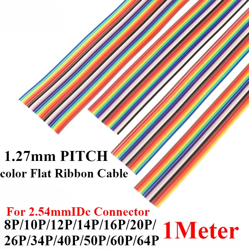 1Meter 10P/12P/14P/16P/20P/26P/34P/40P/50P 1.27mm PITCH Color Flat Ribbon Cable Rainbow DuPont Wire for FC Dupont Connector