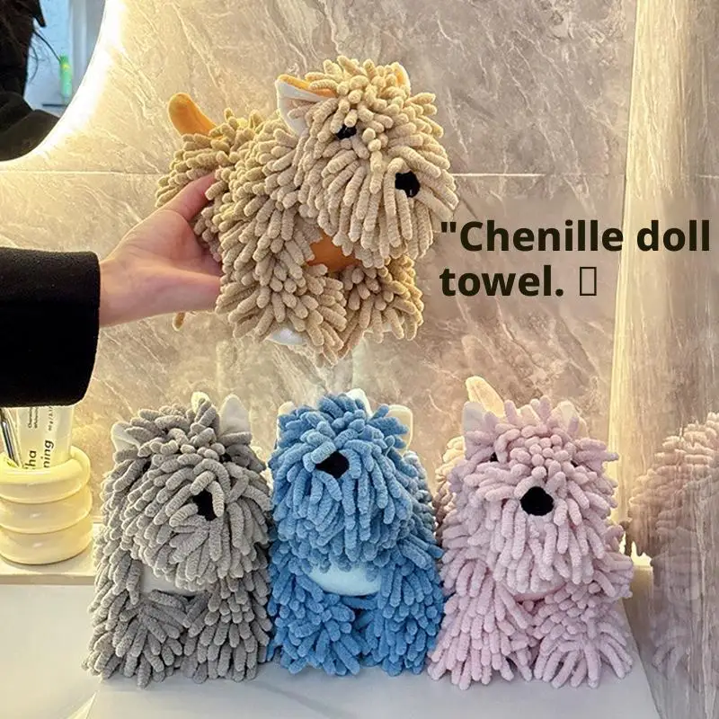 Cute Cartoon Puppy Hand Towel For Kitchen And Bathroom Wall Mounted Hanging Fluffy Chenille Towel Absorbent Handball Towels