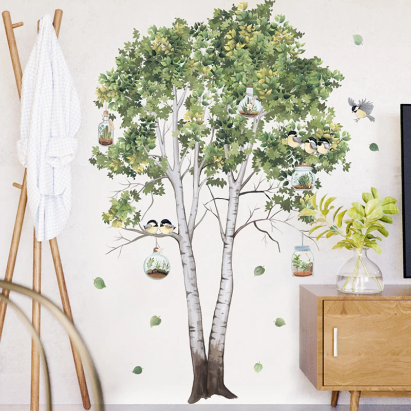 Big Birch Tree Magpie Vinyl Wall Stickers for Home Decoration Aesthetic Rooms Green Plants Little Birds Forest Scenery Wallpaper