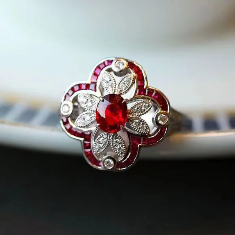 Vintage Hollow Out High Quality Flower 925 Silver Inlaid Ruby Rings for Women Exquisite Charms Banquet Wedding Jewelry