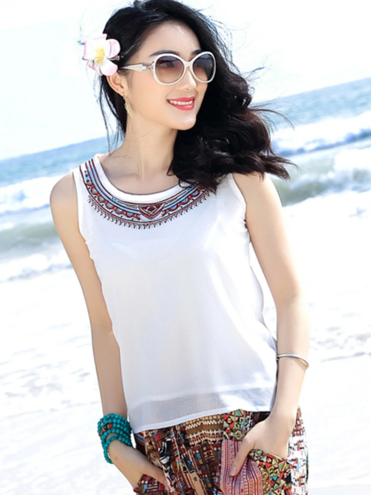 

Двухслойная шифоновая футболка с вышивкой и круглым вырезом, свободный женский топ, летняя футболка Faion Sweet Sle