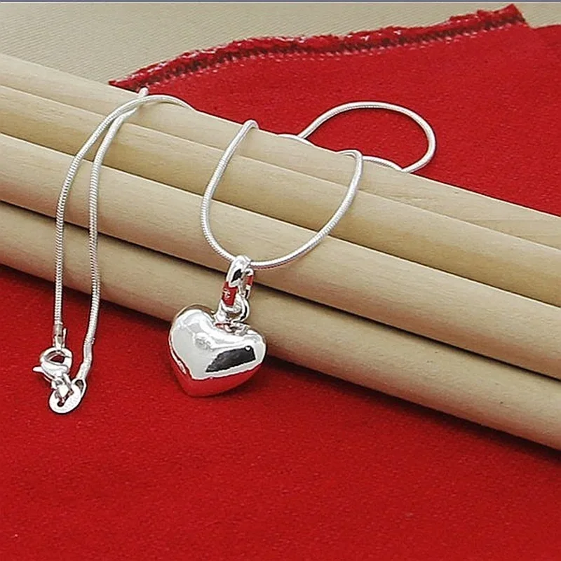 Silver Color Solid Small Heart Pendant Necklace 16-30 Inch Snake Chain For Women Wedding Charm Fashion Jewelry GIFTS