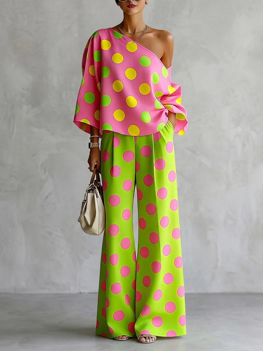 

Missuoo Women's Polka Dot 2 Piece Set Pink One-shoulder Shirt Top and Green Wide Leg Pants 2026 Stylish Casual Pant Sets
