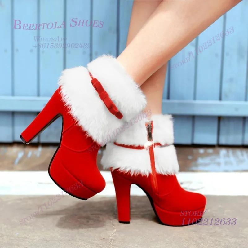 

Red Suede White Plush Tassel Ankle Wrap Short Boot Women Winter Platform Chunky Heel Sugarbaby Ankle Calf Booties Girls Fur Shoe