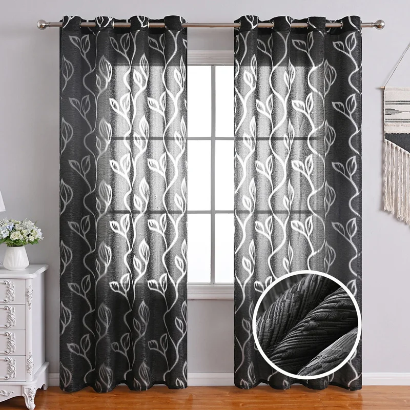 Cortinas transparentes con bordado de hojas para dormitorio, gasa bordada botánica, varillas transparentes, tratamientos de ventana de bolsillo para sala de estar