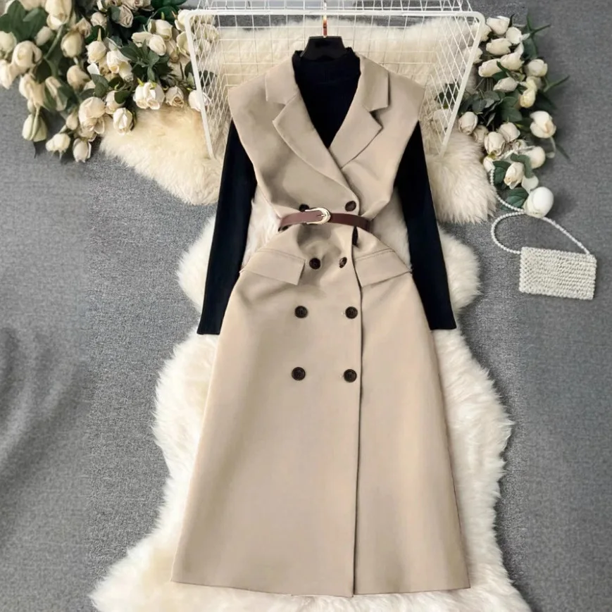 

Женский плащ, универсальный двубортный, удлиненная длина, осень-зима 2022, новый плащ с поясом