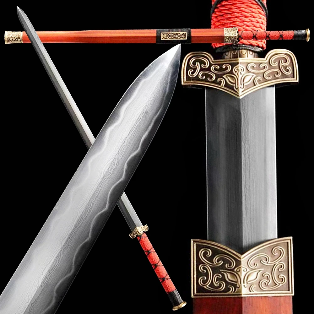 Folded Forge Damascus Steel Chinese KungFu Handmade Sword Clay Tempered Blade WuShu/TaiChi Han Jian Red Wood/Brass Fittings