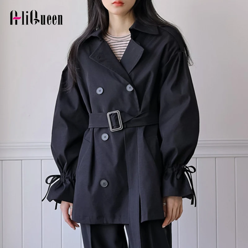 

Autumn Korean Women Fashion Notched Collar Sash Trench Coats Ladies Loose Elegant Windbreaker Lace Up Jackets Outwear Black Tops