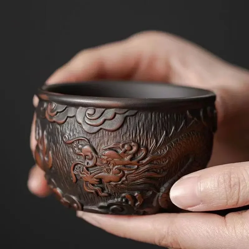 one cup handmade floral dragon carved yixing zisha purple pottery kungfu teacups