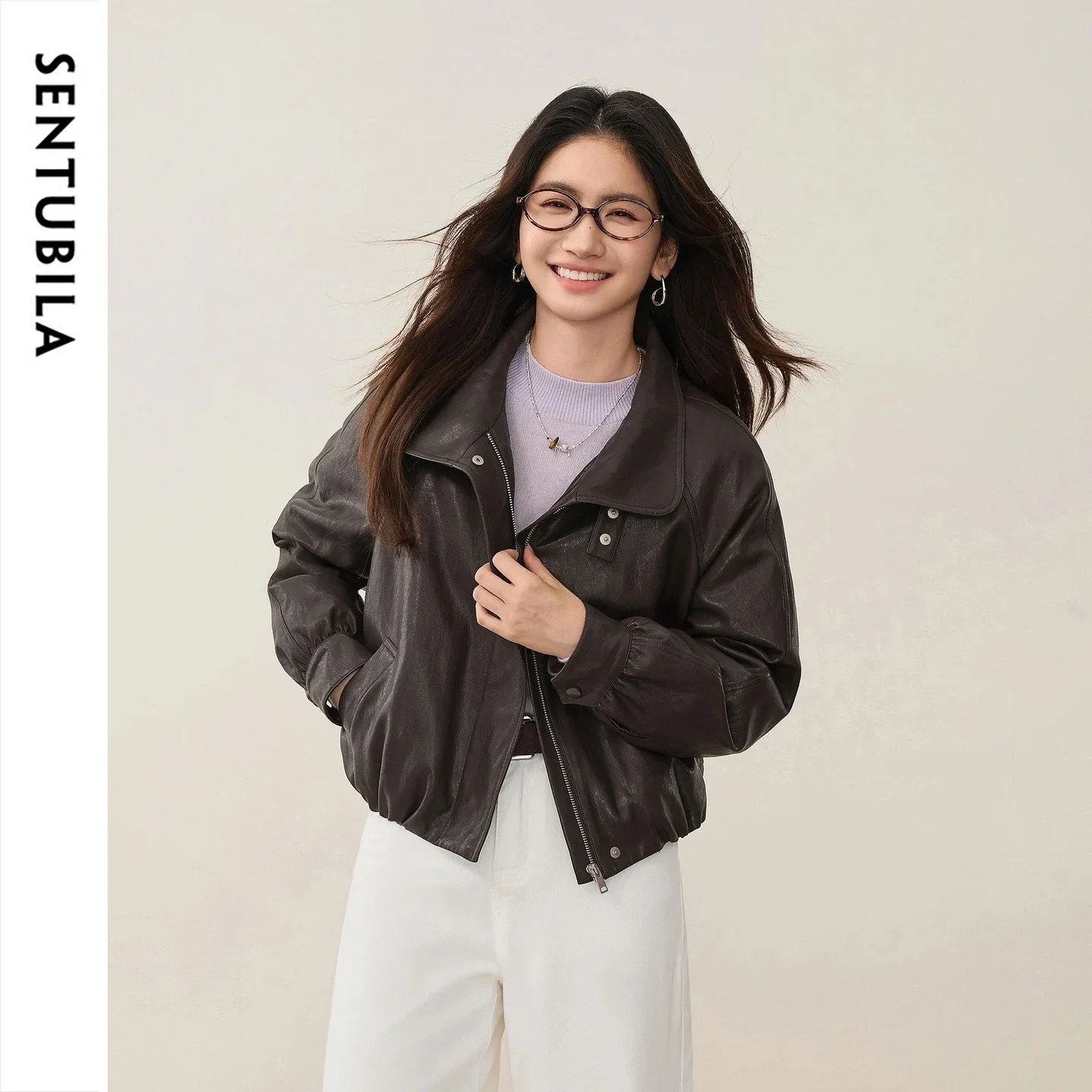 SENTUBILA Women Biker Down Jacket 90% Goose Down PU Leather Loose Warm Short Modern Urban Winter Daily Wear Outerwear W64YC8109