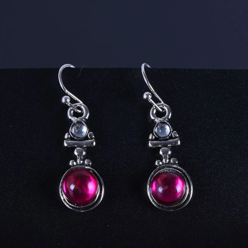 New European and American Vintage Round Moon Stone Fuchsia Crystal Pendant Earrings Suitable for Women's Party Jewelry