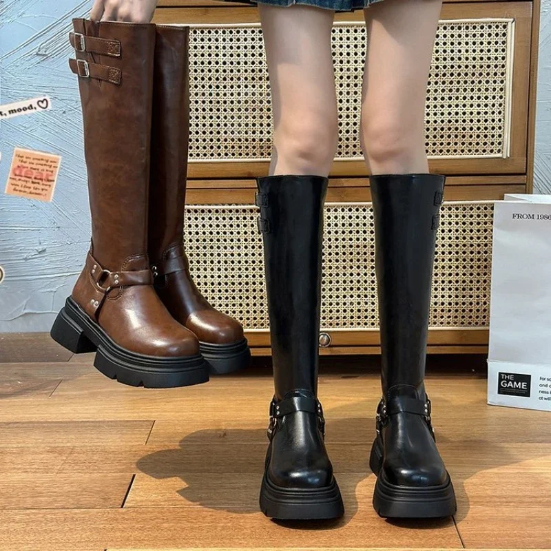 

Luxury Boots for Women Autumn Retro Belt Buckle Motorcycle Boots New Round Head High Women Boots Ladies Platform Shoes Zapatos