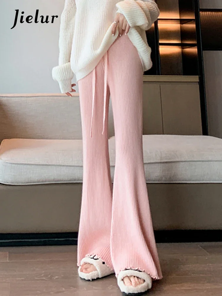 Jielur Ruffled Knitting Slim Chic Female Flare Pants Office Lady High Waist Drawstring Solid Color Simple Fashion Women Trousers