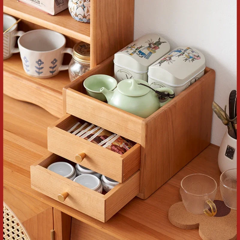 

Cherry Wood Desktop Storage Cabinet Solid Wood Coffee Cup Tea Double-layer Organizer Drawer Porch Multi-functional Storage Box