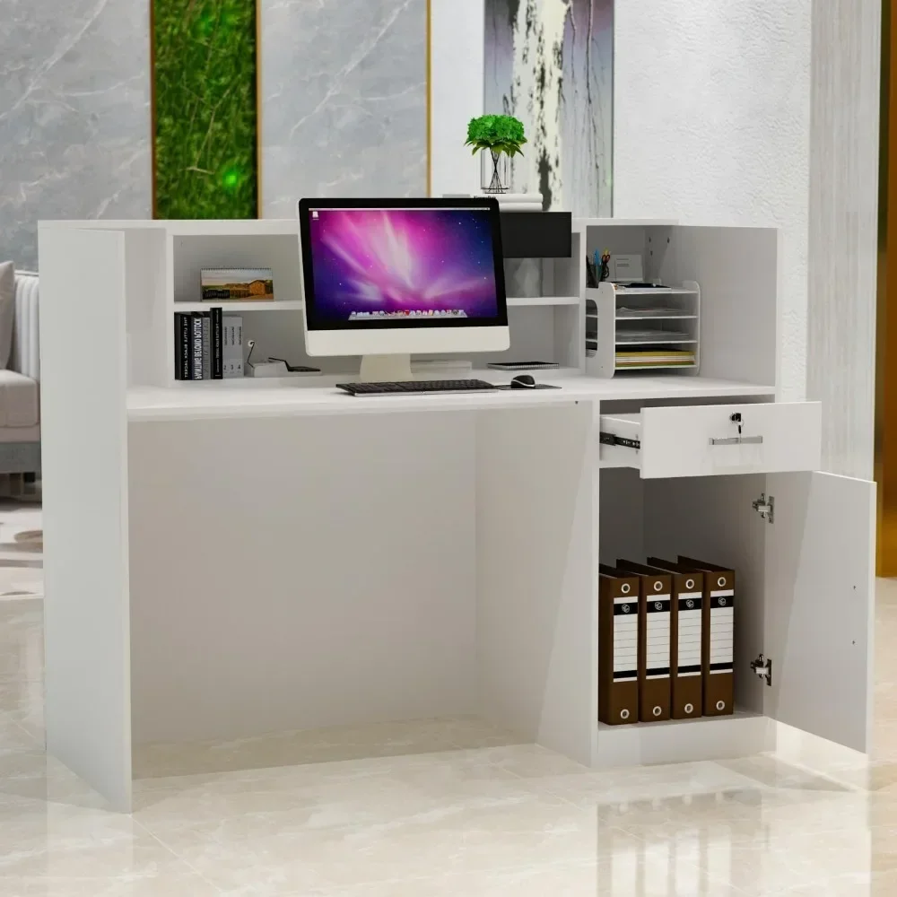 Modern Reception Desk Counter with Hutch, Adjustable Storage Cube, Lockable Drawer & 1 Door Cabinet, Office Wooden Computer