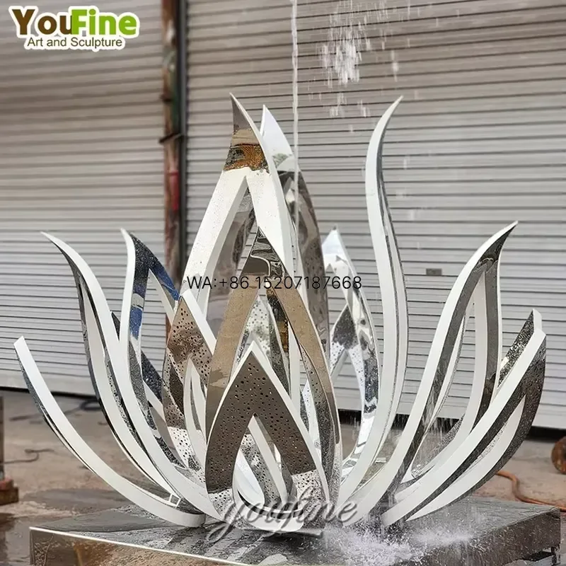 Wmwmnu Stainless Steel Lotus Flower Fountain Sculpture Multi Layer Perforated Petals with LED Light Water Outdoor Garden