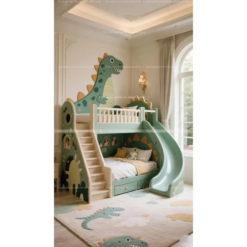 Dinosaur Themed Double-Layer Loft Bed with Slide And Storage - Boy's Bedroom Bunk Bed for Small Children to Large Adults