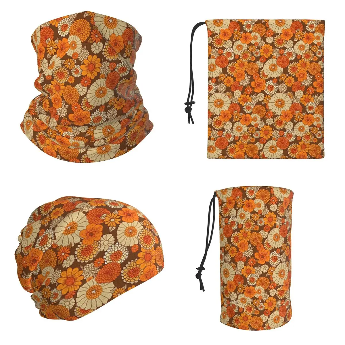 70s Retro Daisies Vintage Flower Power Orange And Brown Boho Bandana Neck Gaiter Printed Wrap Mask Scarf Warm Balaclava Adult