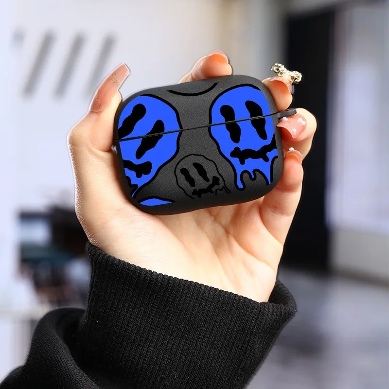 

Black and Blue Ghost Face Graphic Case with Keychain for AirPods 4 3 1/2 Pro 2 Wireless Earphone Accessories Headphone Box Cover