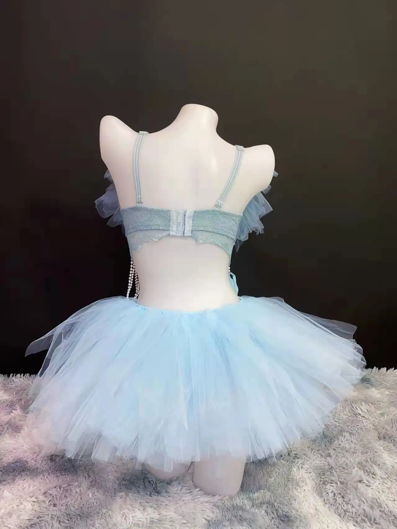 Mini jupe Tutu bleu clair, Sexy, pour discothèque, DJ, chanteur, danseuse, Costume de spectacle, perle, cristal, tenue de Bikini, vêtements de scène pour fête en Club