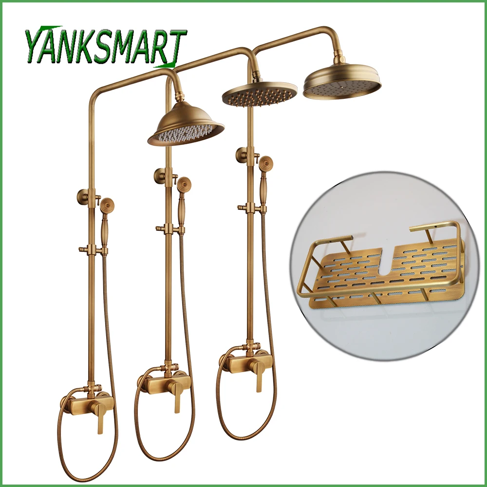 

YANKSMART Flexible Retro Vintage Antique Brass Wall Mount 8" Shower Head + Control Valve Hand Sprayer Bathroom Shower Faucet Set