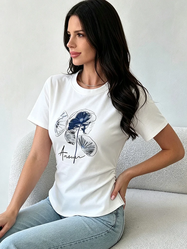 2026 Summer Women Cotton Short Sleeve Tee Chinese Style Floral Print Side Ruched Slim Fit Crew Neck Casual Daily Tops
