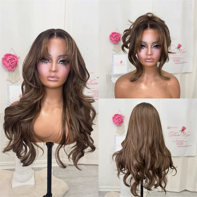 

Soft Natural Wave Wig Ombre Brown Synthetic Highlights Balayage HD Lace Front Wig with Bangs For Women Good Quality Wig Party