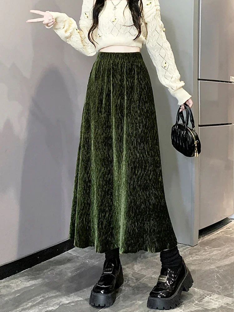 Fashion Folds Velvet Long Skirt for Women 2024 Autumn Winter Vintage Elegant Solid A Line High Waist Maxi Skirt Female Z365