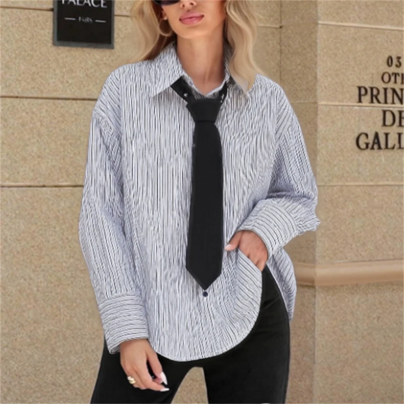 

2025 Autumn College Style Unique Striped Long-Sleeve Shirt with Black Tie