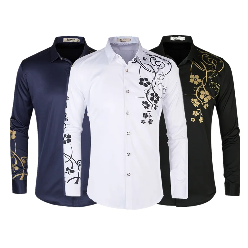 Summer New Male Long Sleeve Flower Shirt White / Black / Navy Blue Fashion Men Business Casual Top Slim Fit Clothing