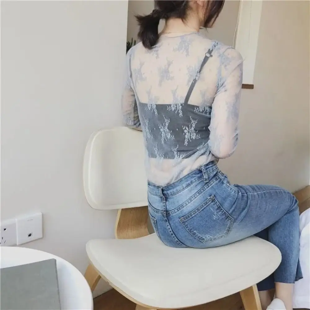 Floral Embroidery Women Lace Blouses Fashion Transparent See-through Sexy Mesh Blouses Long Sleeve Black Shirt Ladies Tops