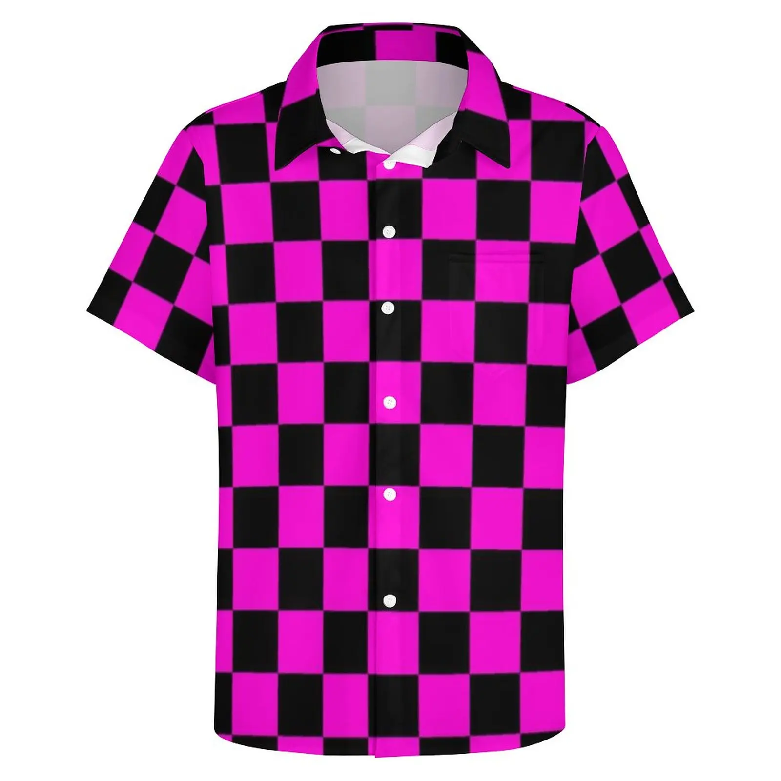 Pink Black Checkerboard Shirt Summer Missing Texture Casual Shirts Blouses Short Sleeve Cool Oversize