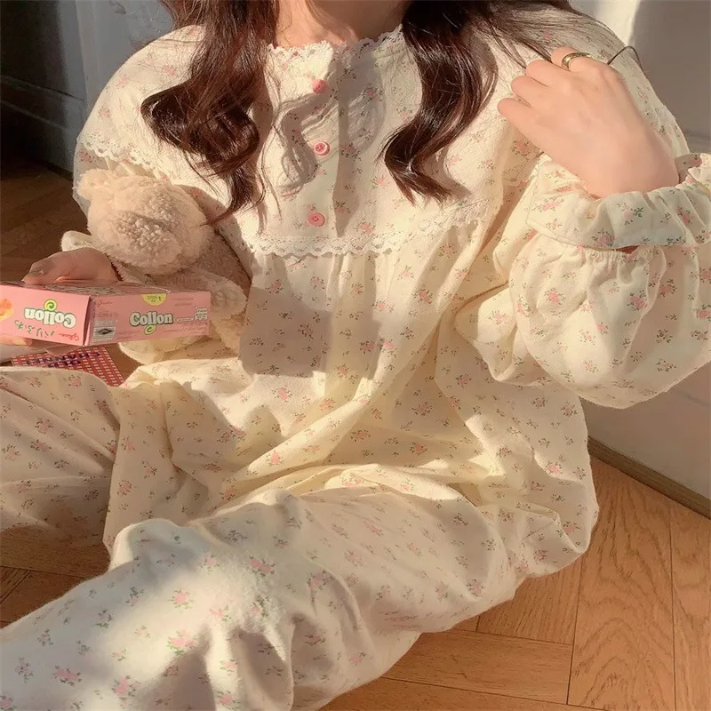 

Spring and Autumn New Japanese Ladies Sweet and Cute Floral Pajamas Homewear Set Girls Cute Long-Sleeved Pajamas Homewear Set