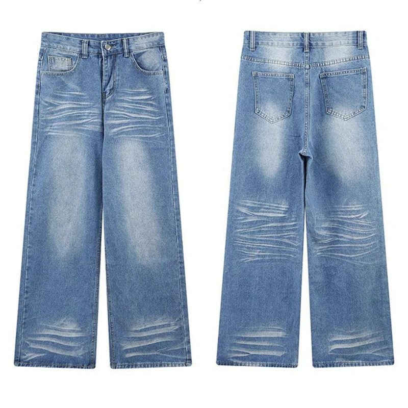 جينز مستقيم أزرق فاتح عتيق للنساء ملابس الشارع عالية الخصر واسعة الساق سراويل جينز امرأة أمريكية فضفاضة السراويل الإناث