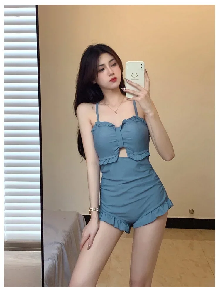 2024 New Korean Sexy Slim High Waist Solid Swimwear Women One Piece Swimsuit Female Backless Monokini Bathing Suit Swim Wear